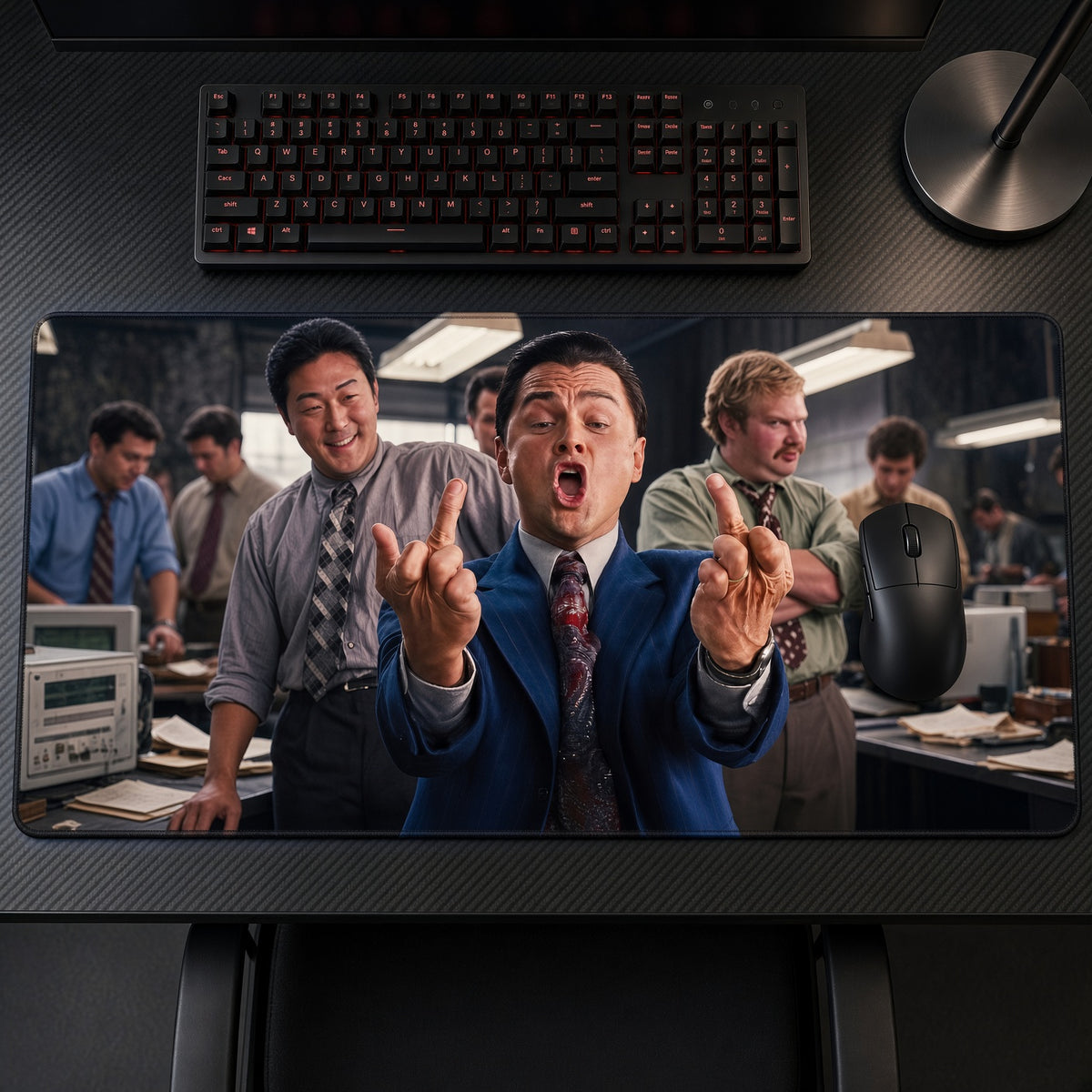 Wolf of Wall Street Office Playmat on a gaming desk, top-down view