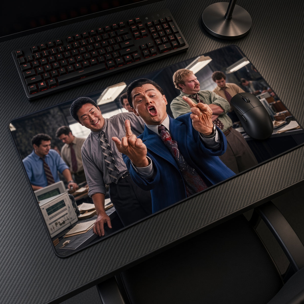 Wolf of Wall Street Office Playmat at an angle on a gaming desk