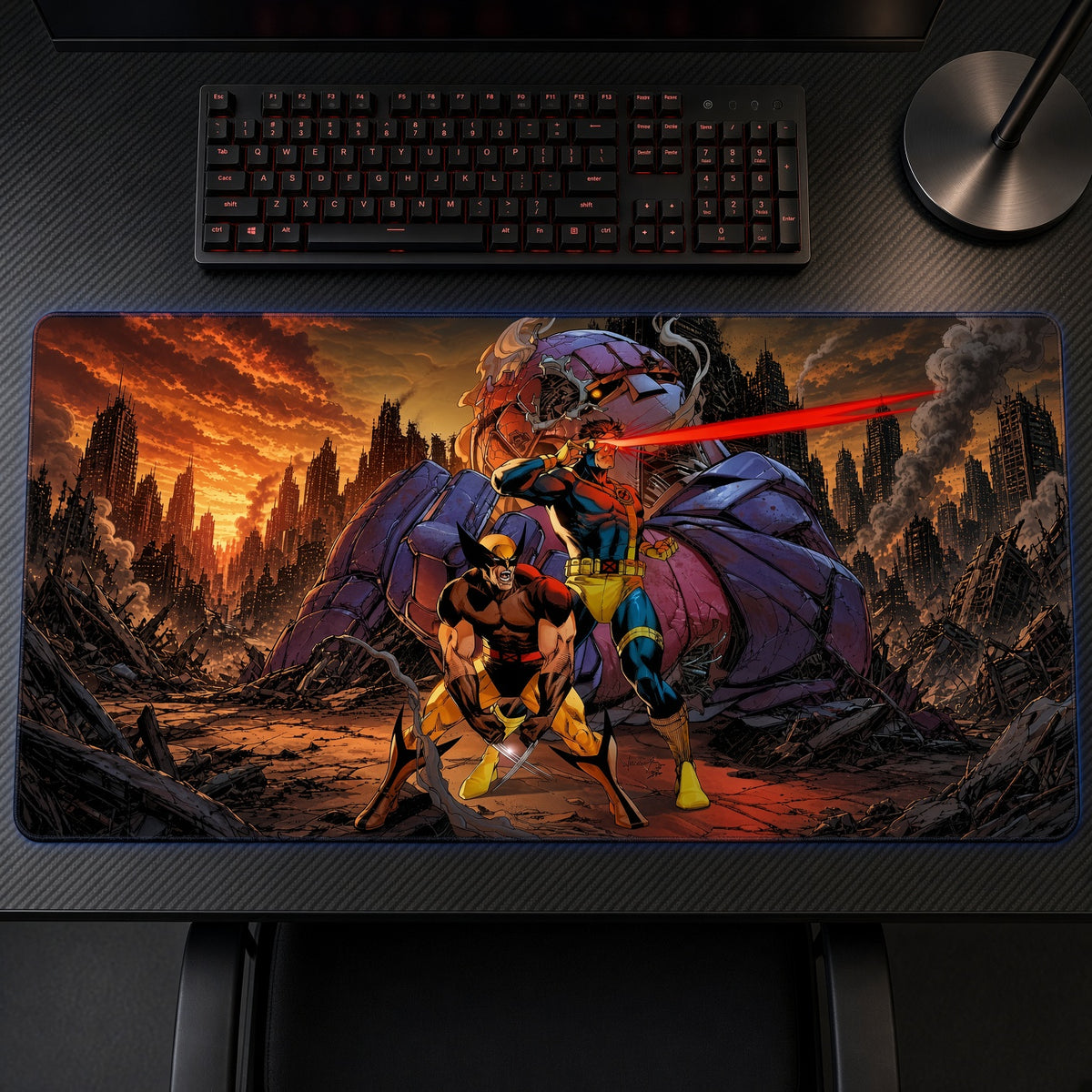 X-Men '97 Team Marvel Playmat on a gaming desk, top-down view