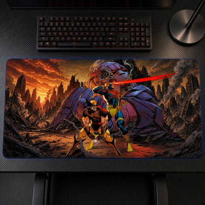X-Men '97 Team Marvel Playmat on a gaming desk, top-down view