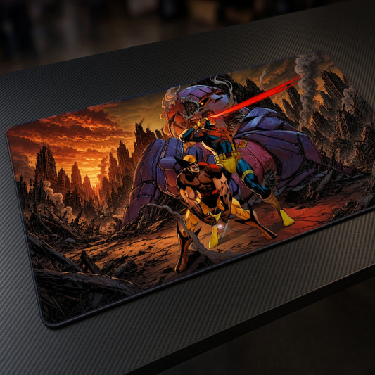 X-Men '97 Team Marvel Playmat at an angle on a gaming desk