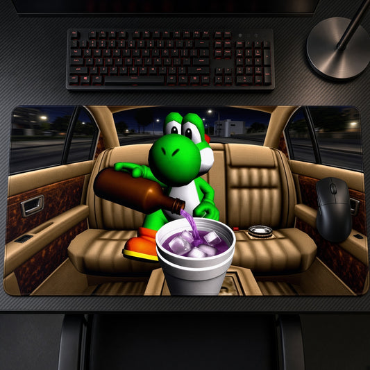 Yoshi Limo Ride Nintendo Playmat on a gaming desk, top-down view