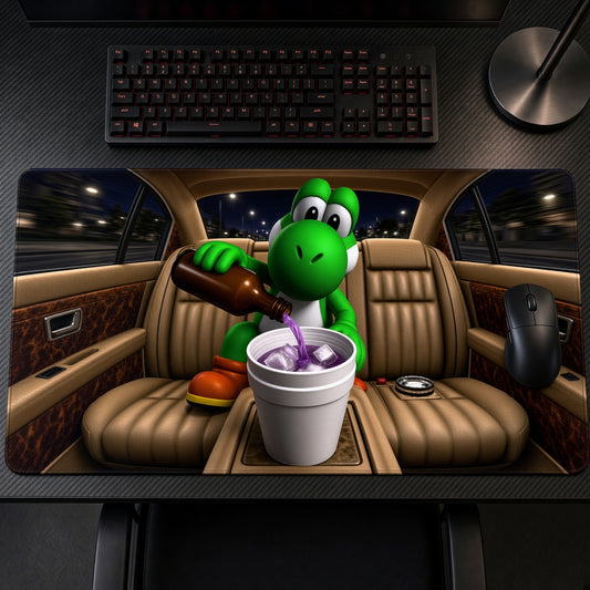 Yoshi Limo Ride Nintendo Playmat at an angle on a gaming desk