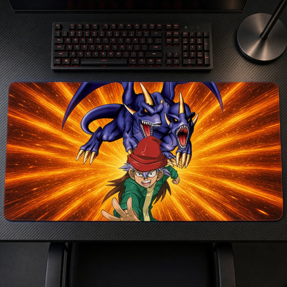 Yu-Gi-Oh! Duelist Dragon Burst Playmat on a gaming desk, top-down view