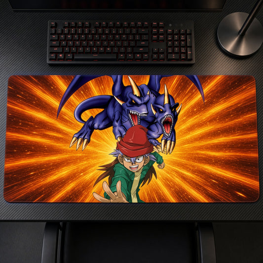 Yu-Gi-Oh! Duelist Dragon Burst Playmat on a gaming desk, top-down view