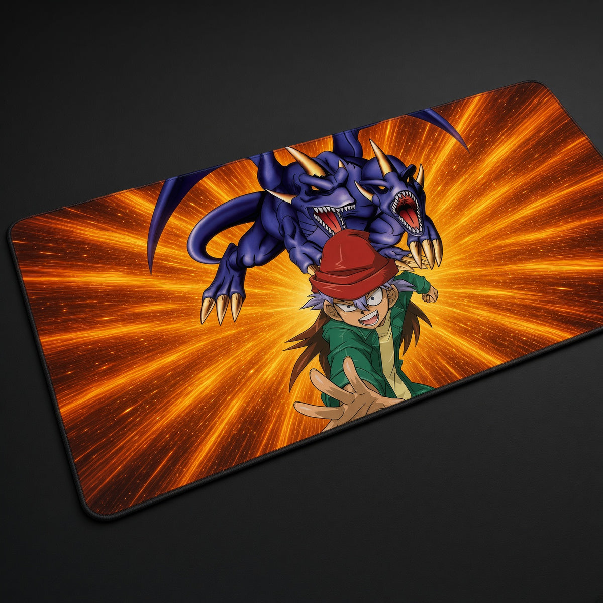 Yu-Gi-Oh! Duelist Dragon Burst Playmat at an angle on a gaming desk