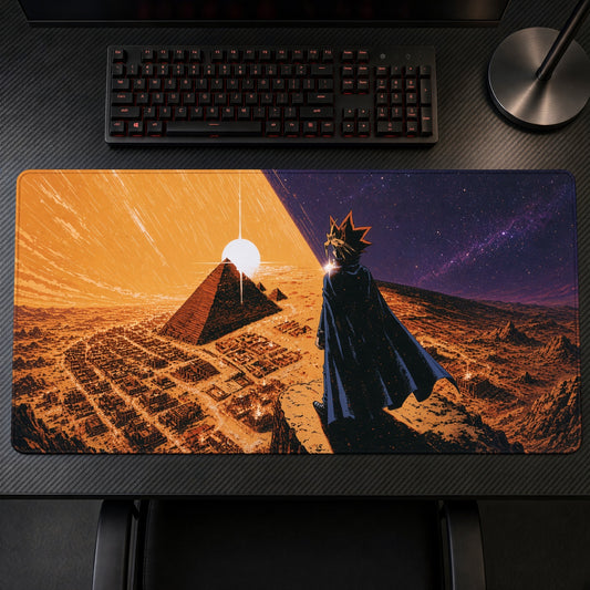 Yugi and Atem Pyramid Sunset Yu-Gi-Oh! Playmat on a gaming desk, top-down view