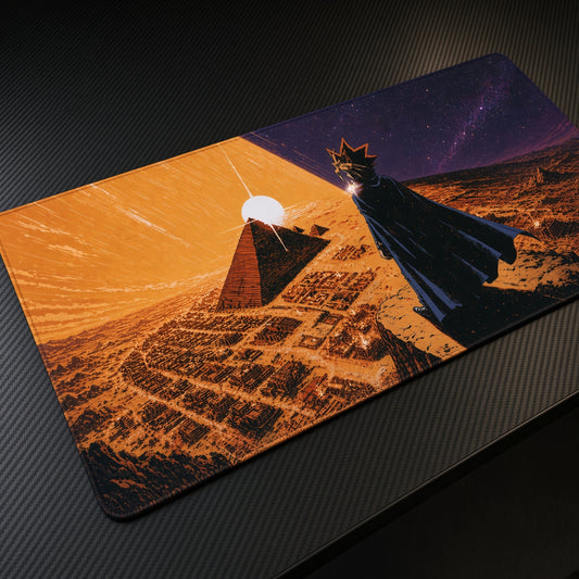Yugi and Atem Pyramid Sunset Yu-Gi-Oh! Playmat at an angle on a gaming desk