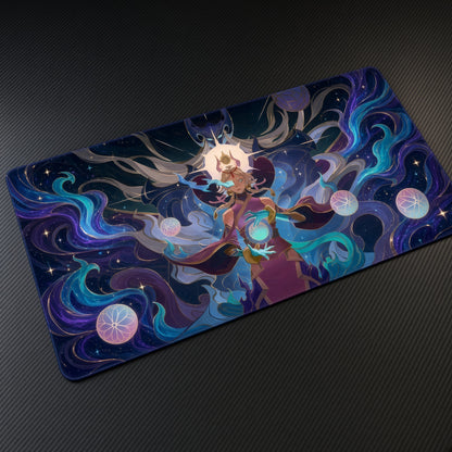 Yunara Spirit Blossom League of Legends Playmat at an angle on a gaming desk