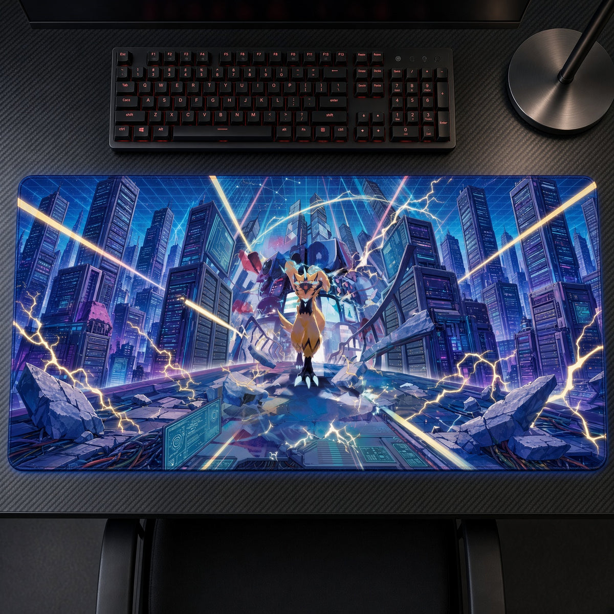 Zeraora Neon City Pokémon Playmat on a gaming desk, top-down view