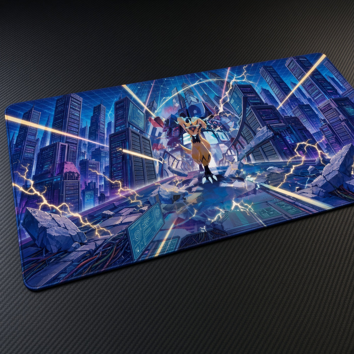 Zeraora Neon City Pokémon Playmat at an angle on a gaming desk