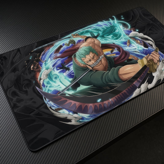 Zoro Onigiri Strike playmat at an angle on a gaming desk