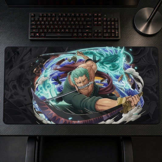 Zoro Onigiri Strike playmat on a gaming desk, top-down view