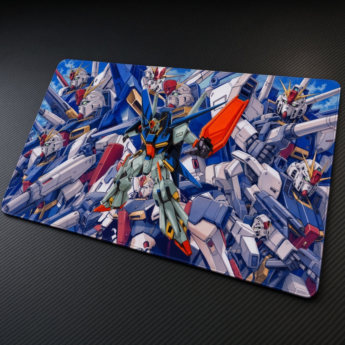 ZZ Gundam Mobile Suit Collage Playmat at an angle on a gaming desk